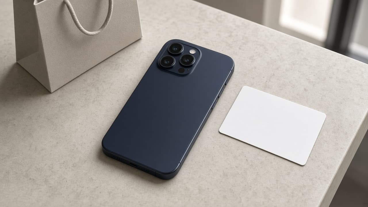 Taş tezgahta lacivert bir telefon, boş bir kart ve küçük bir alışveriş poşeti