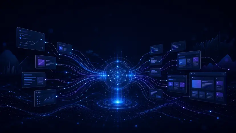 Koyu mavi ortamda AI yanıt paneli ve web sitelerine giden soyut veri akışları